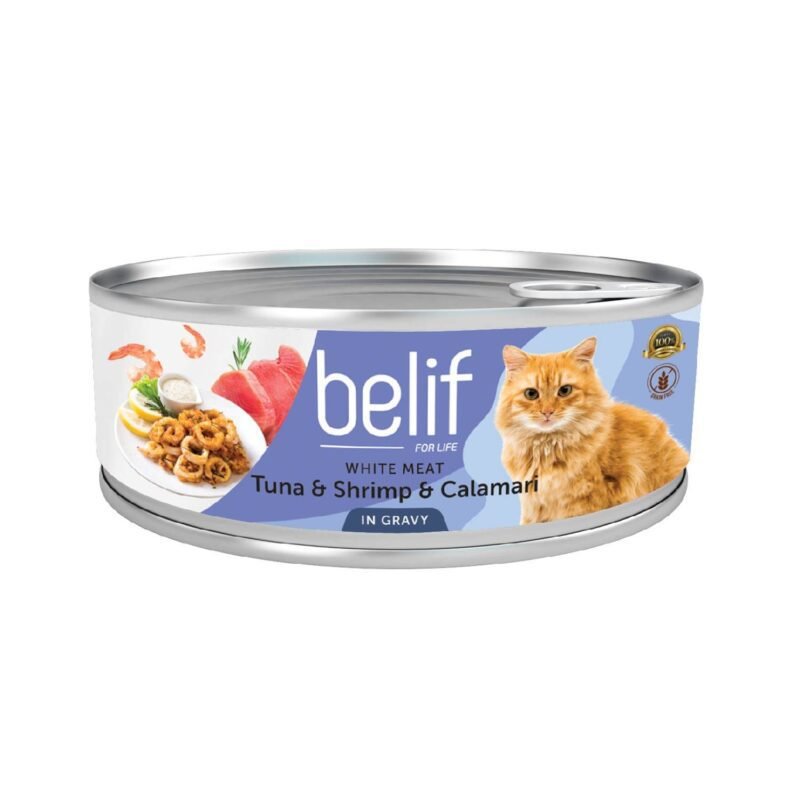 Belif Canned Food for Adult Cat - White Meat Tuna &  Shrimp & Calamari in Gravy