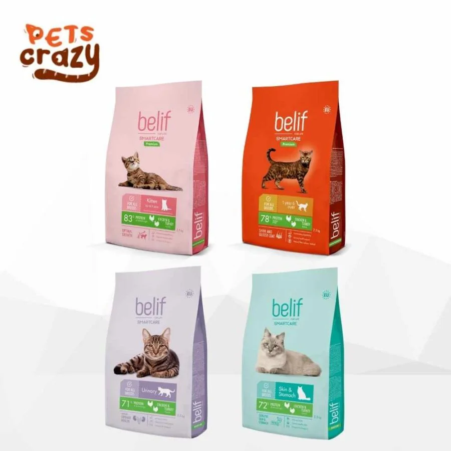 Full Belif Smartcare cat food range available in Malaysia including Kitten, Chicken and Turkey, Sensitive Skin and Stomach, and Urinary variants