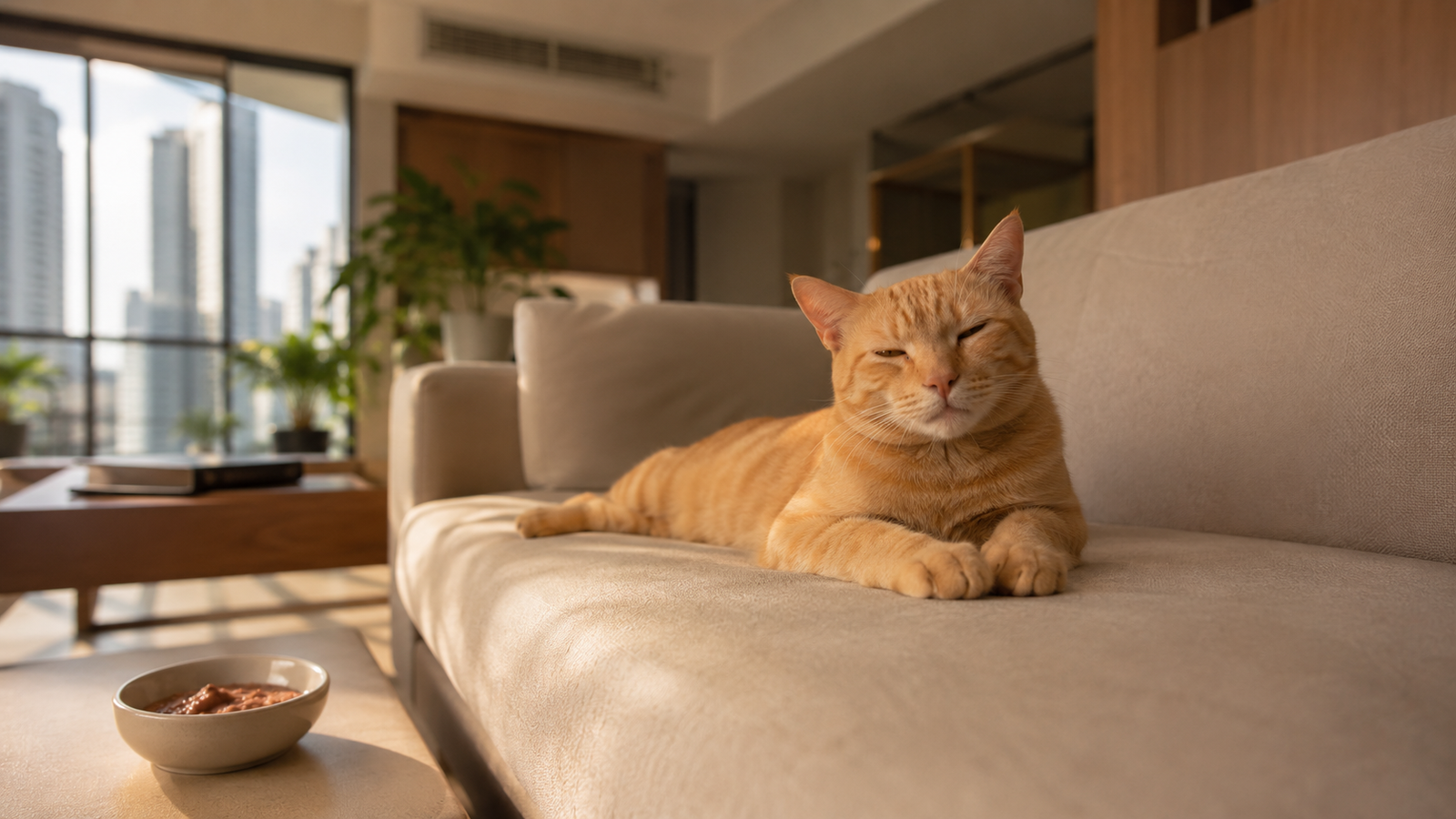 Indoor Malaysian cat resting in air-conditioned home, why wet food matters for hydration