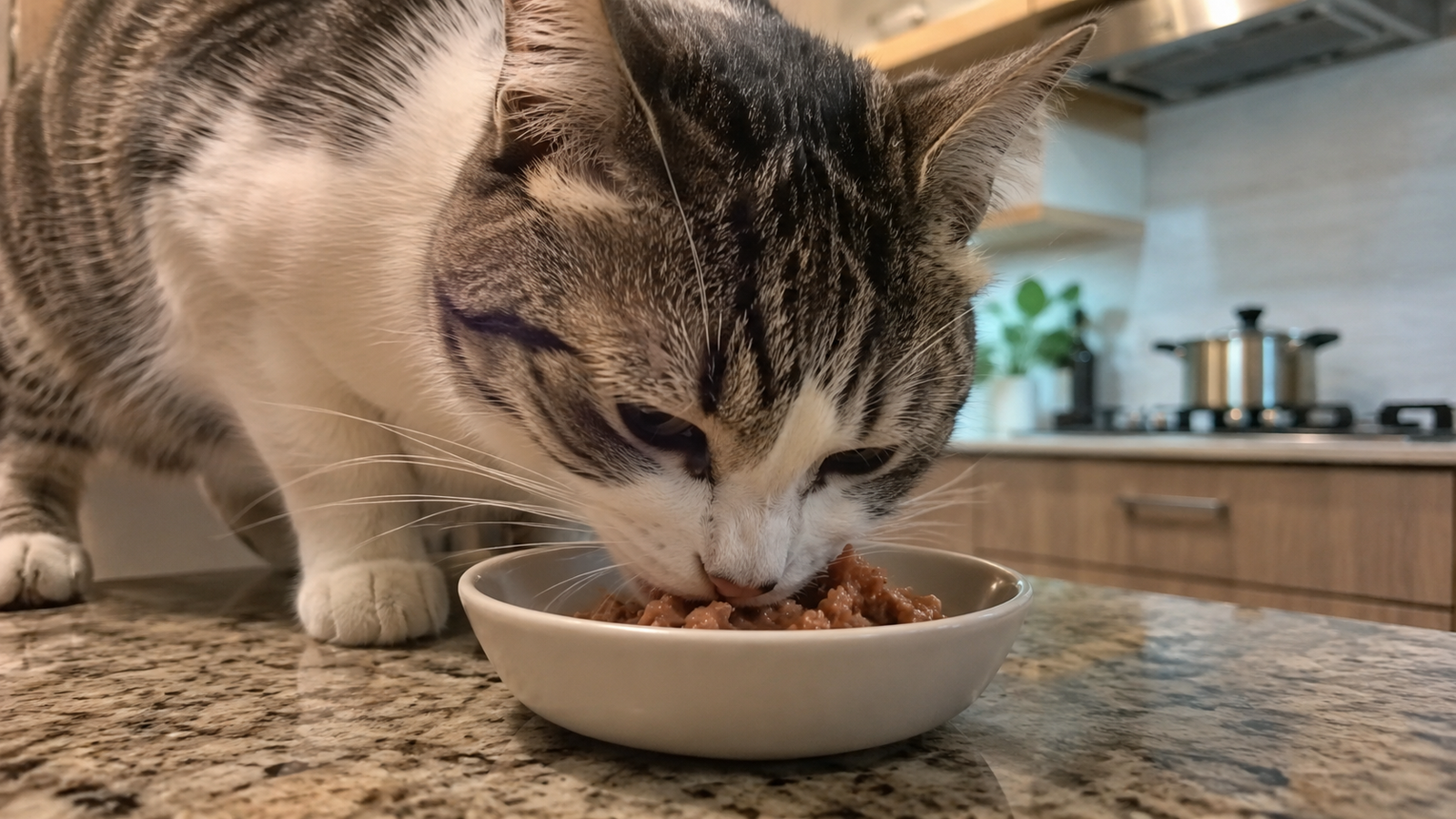 Malaysian cat eating wet cat food from a ceramic bowl