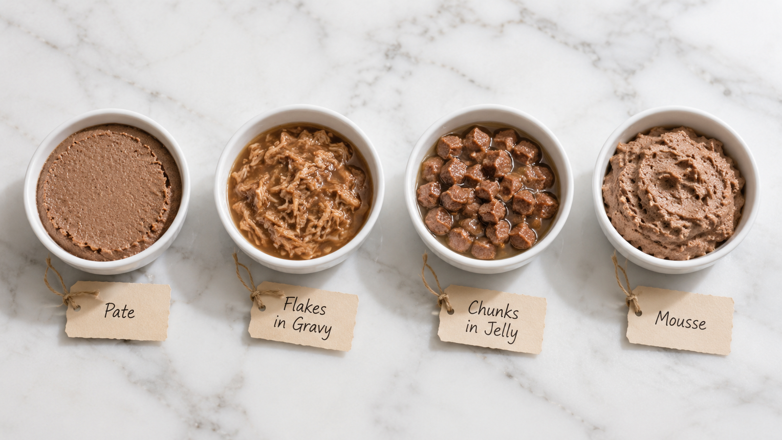 Wet cat food types compared: pate, flakes in gravy, chunks in jelly and mousse