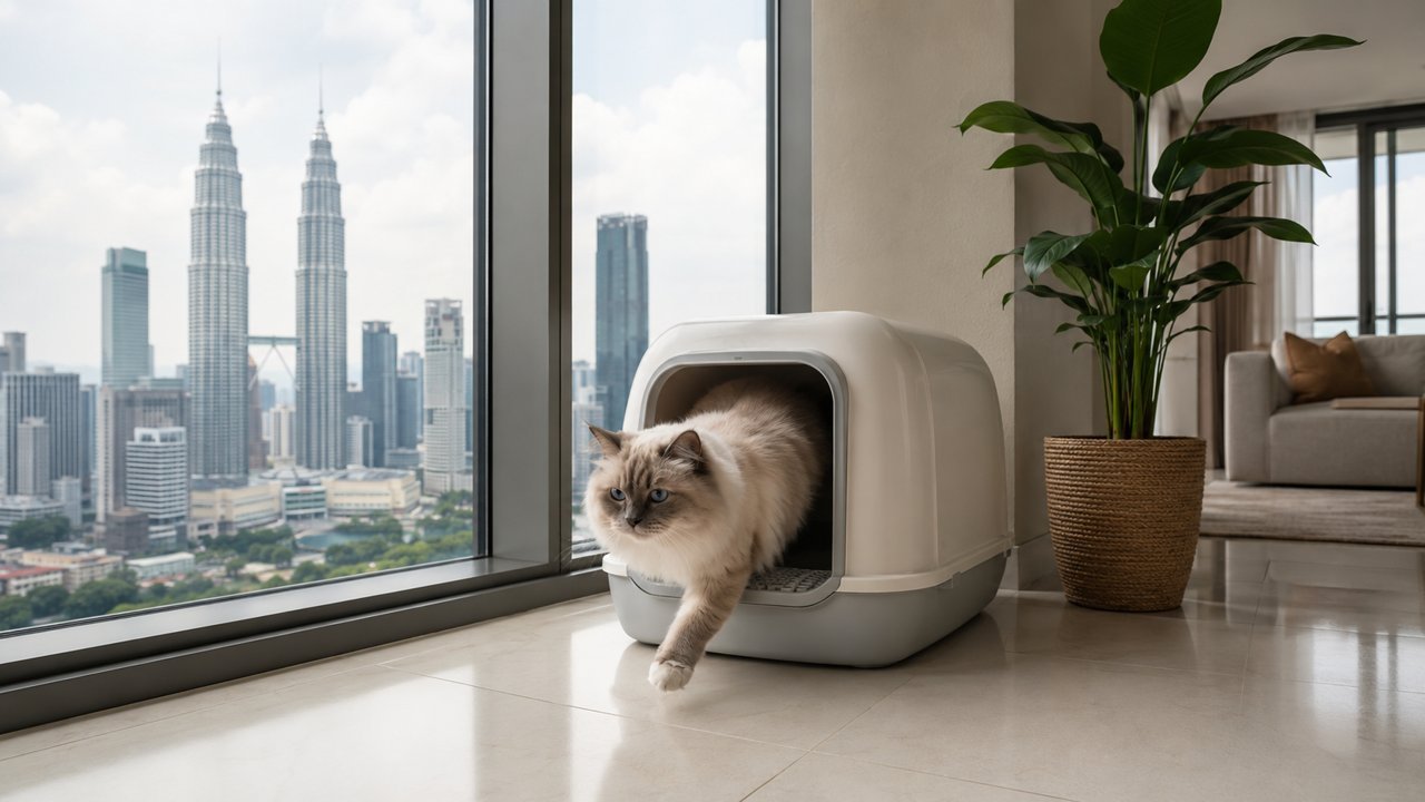 Cat stepping out of a covered litter box by a Kuala Lumpur high-rise window