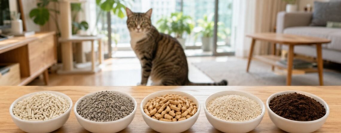 Five types of cat litter in white bowls with a cat in a bright Malaysian apartment