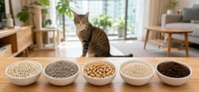 Five types of cat litter in white bowls with a cat in a bright Malaysian apartment