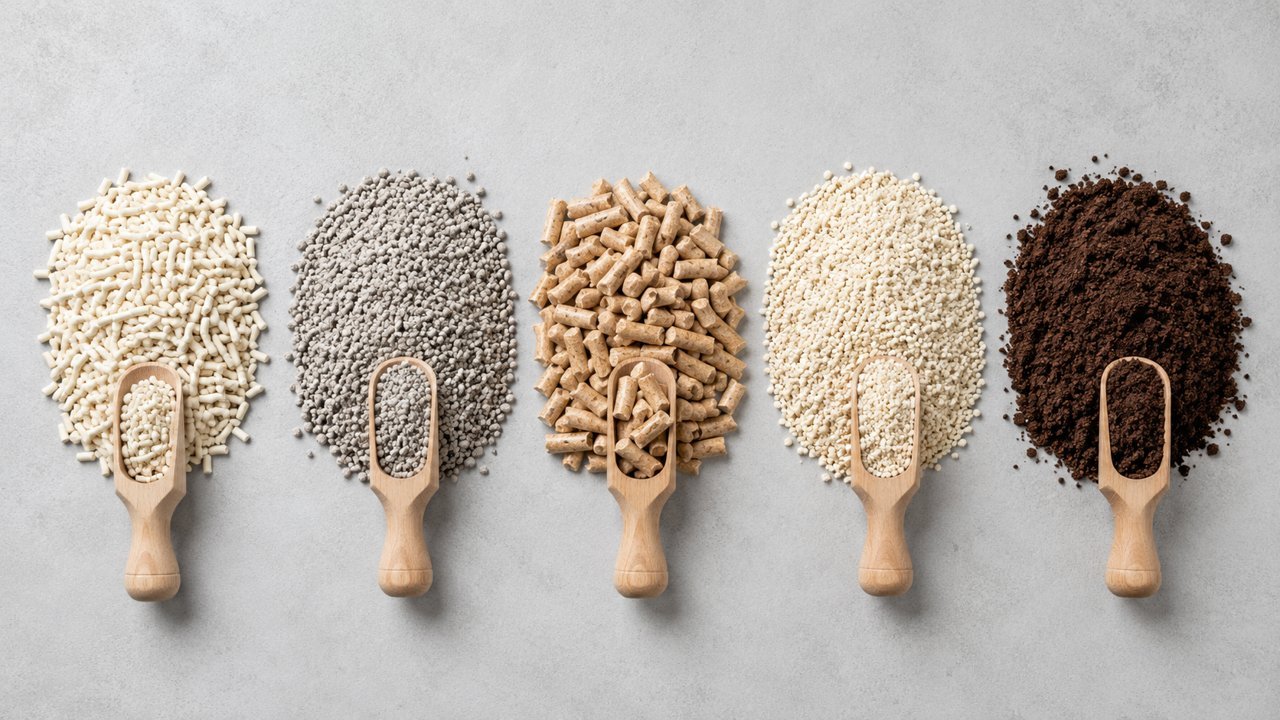 Tofu, clay, pine, cassava and coffee cat litter compared side by side with scoops