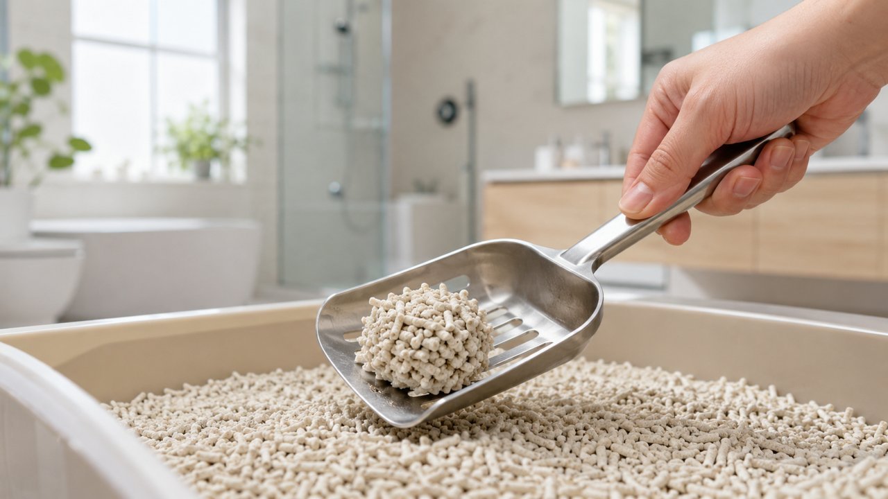 Scooping a firm clump from low-dust tofu cat litter
