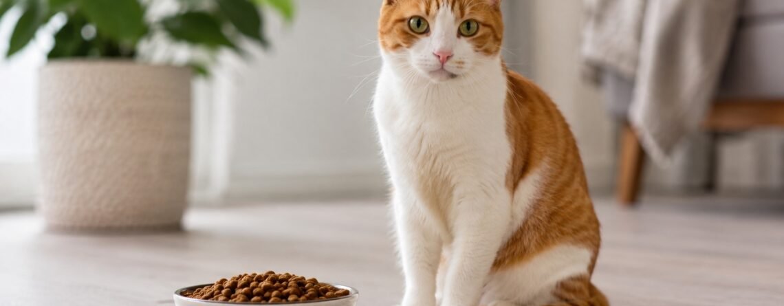 Best cat food in Malaysia, a cat beside a bowl of dry food