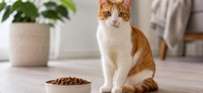 Best cat food in Malaysia, a cat beside a bowl of dry food