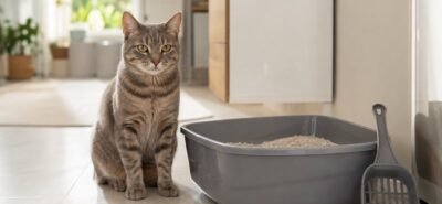 一只灰色虎斑猫坐在猫砂盆旁边，马来西亚猫砂推荐